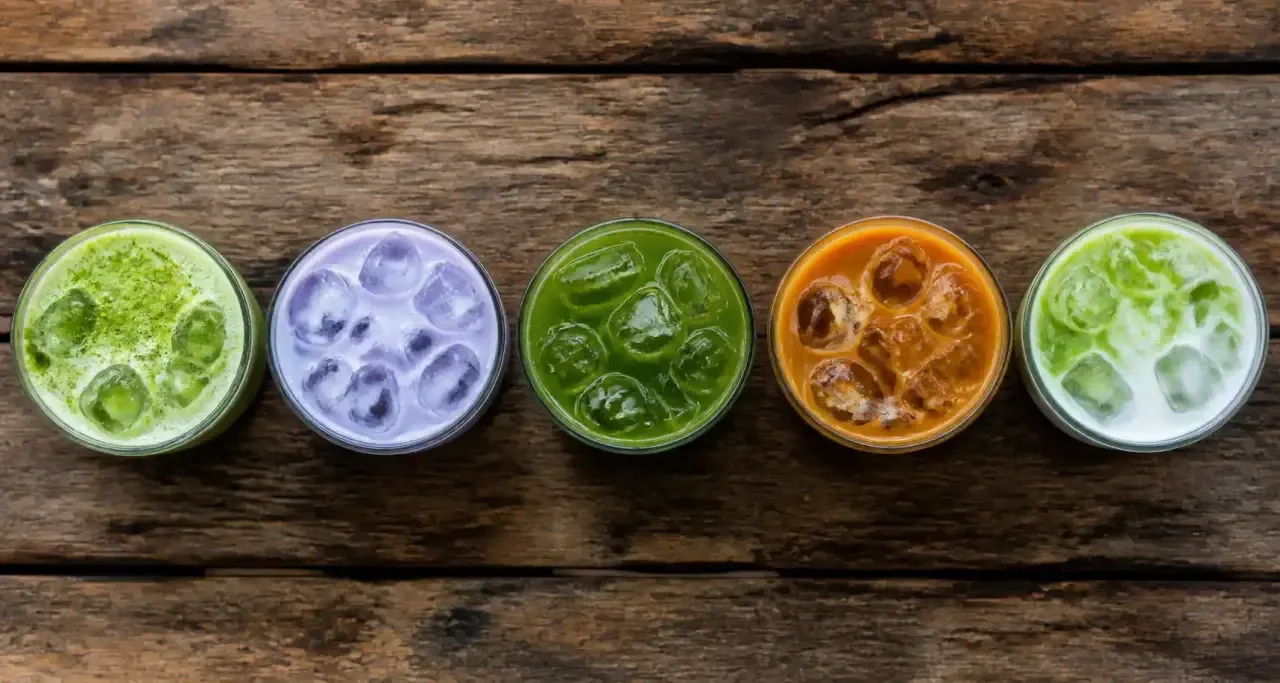 Une sélection de boissons au matcha, au taro et au café thaï