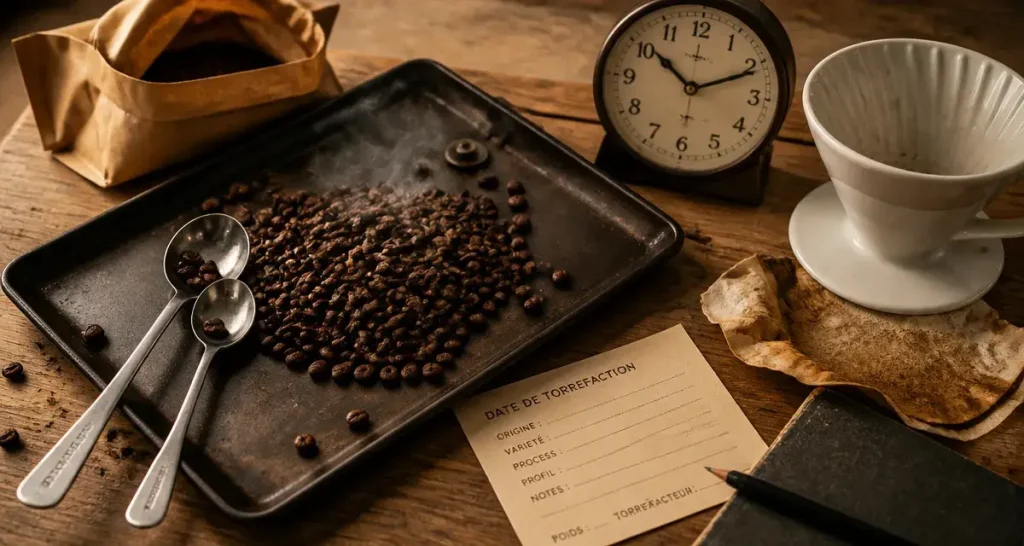 Café artisanal : grains et date de torréfaction sur fond en bois
