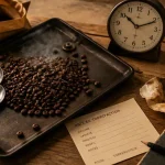 Café artisanal : grains et date de torréfaction sur fond en bois