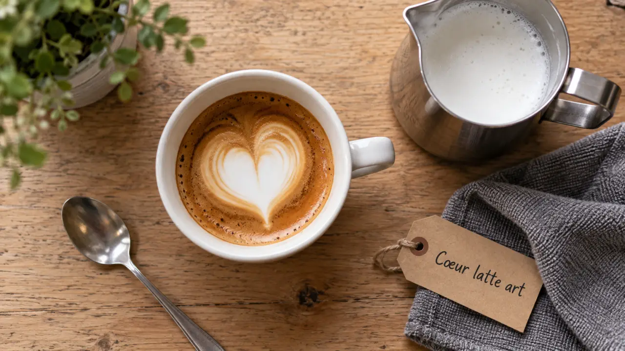 Cafe latte art : cœur latte en micro-mousse dans un espresso