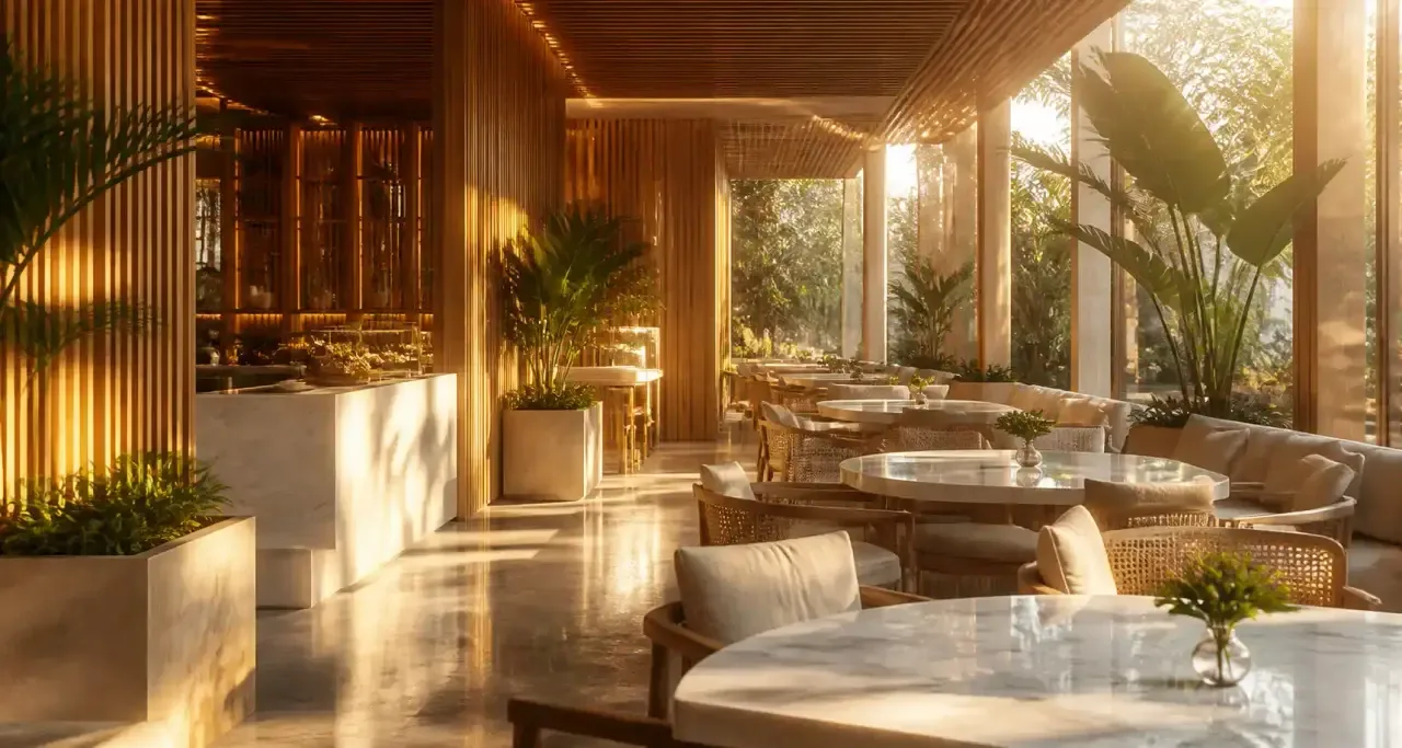 Intérieur lumineux d’un café d’inspiration thaïlandaise
