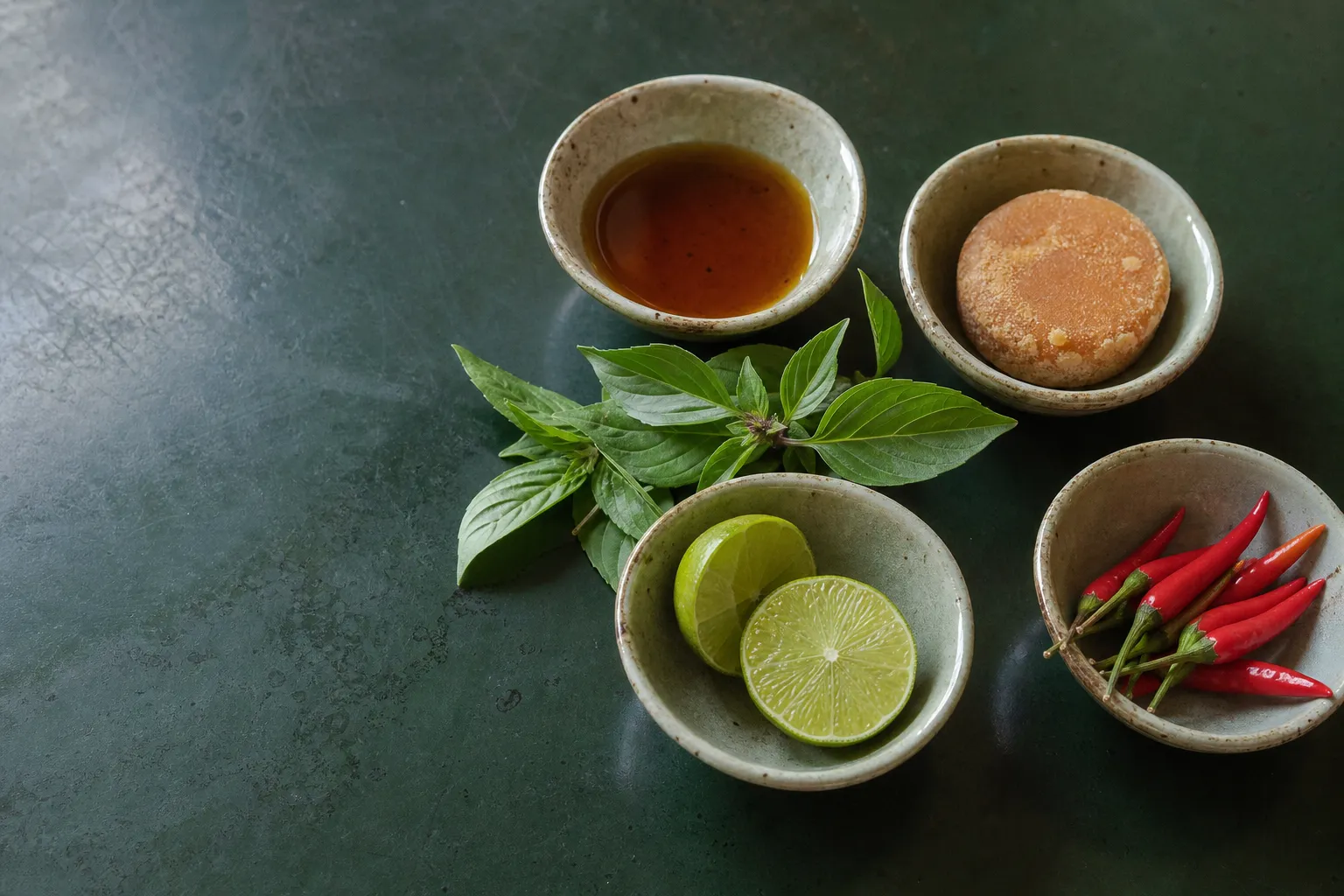 Quatre bols sur un plan de travail vert sombre : sauce poisson, sucre de palme, citron vert et piments