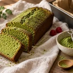 Cake au the matcha moelleux, tranche verte moelleuse et matcha