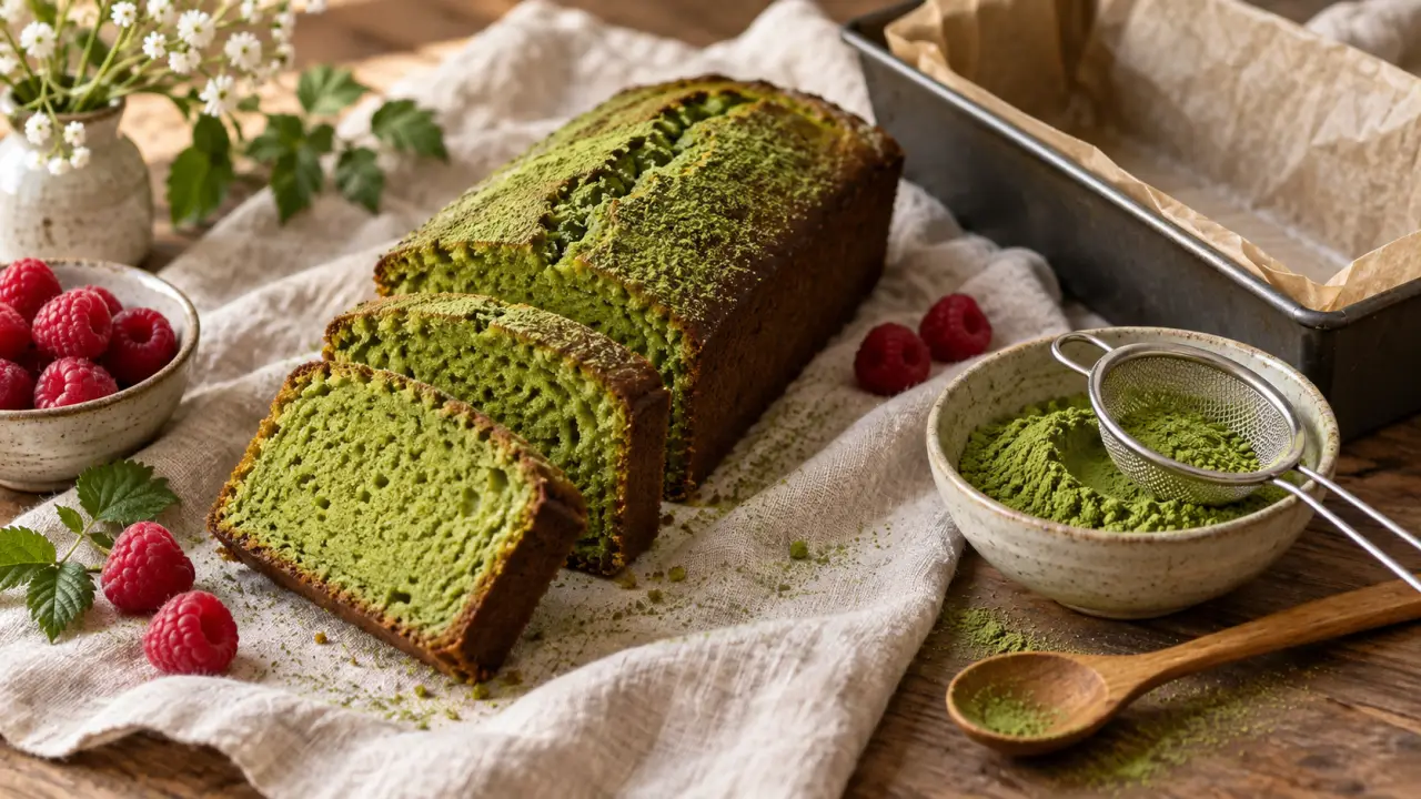 Cake au the matcha moelleux, tranche verte moelleuse et matcha