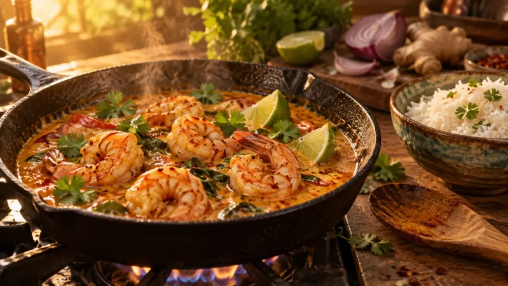 Crevettes à la thai en curry rouge coco