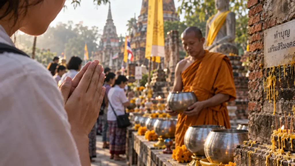 Culture thaïlandaise : wai devant un moine devant un wat