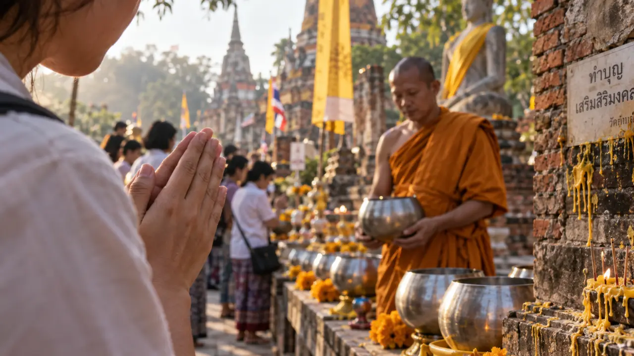 Culture thaïlandaise : wai devant un moine devant un wat