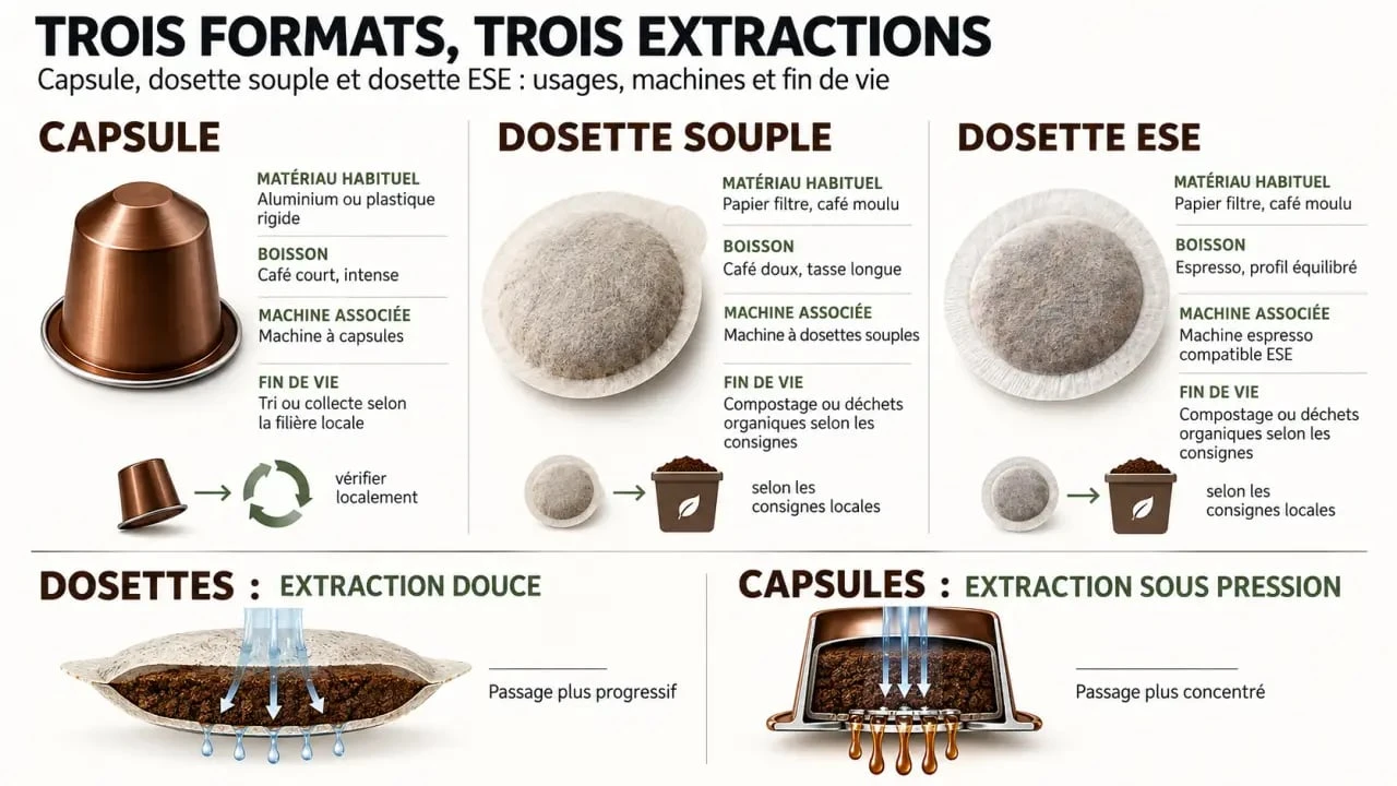 Infographie comparative capsule ou dosette : dosette souple, dosette ESE et capsule de café