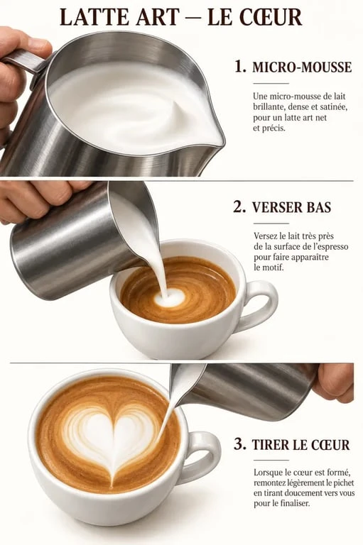 Étapes du cafe latte art : micro-mousse, versement du lait et formation d’un cœur