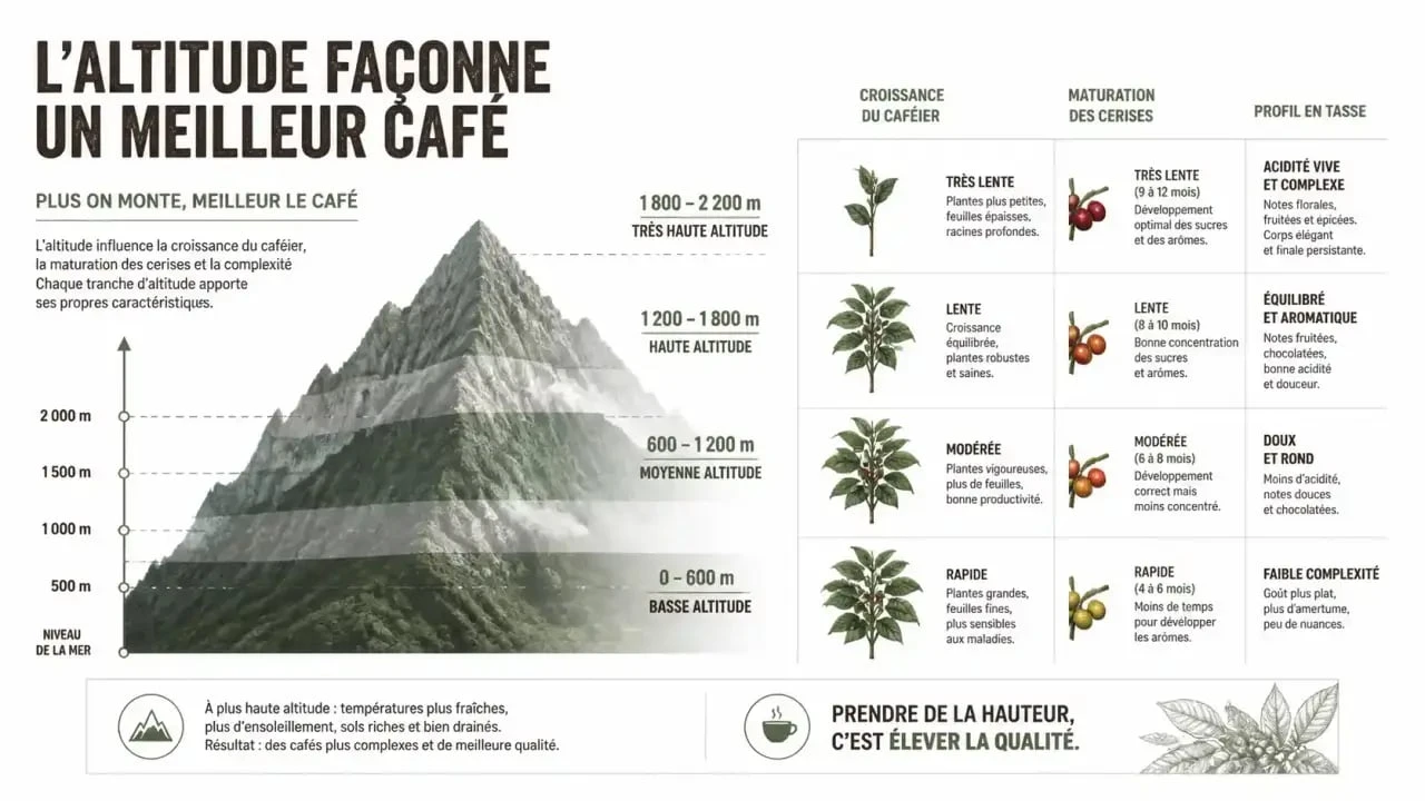 Schéma illustrant l'influence de l'altitude sur la culture du café d'exception