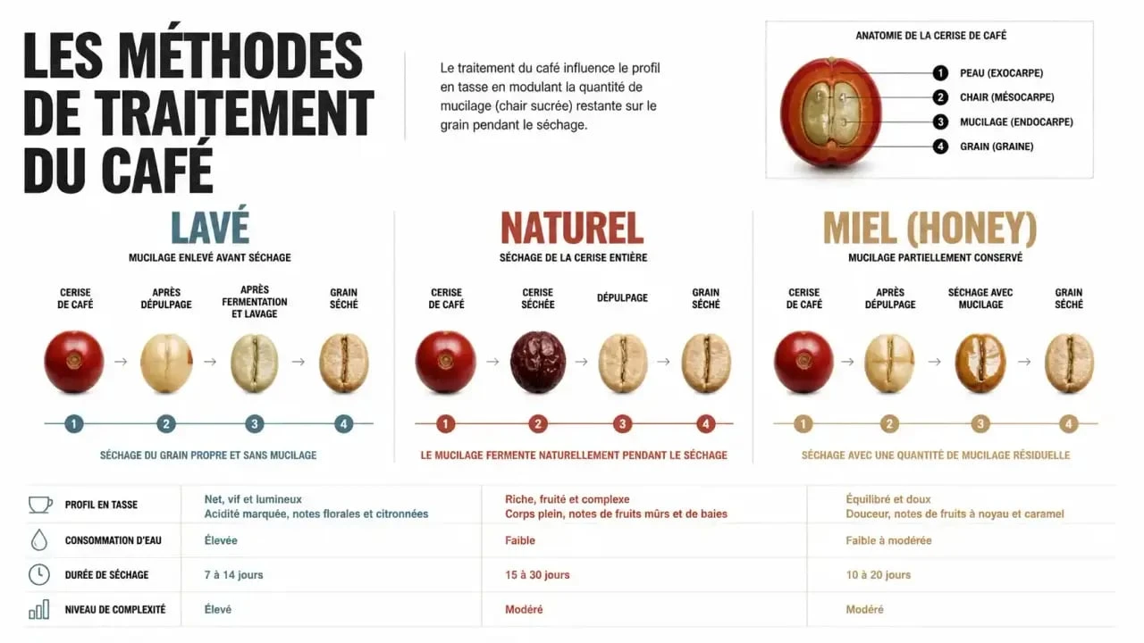 Comparaison des méthodes de traitement du café de spécialité : lavé, nature et honey