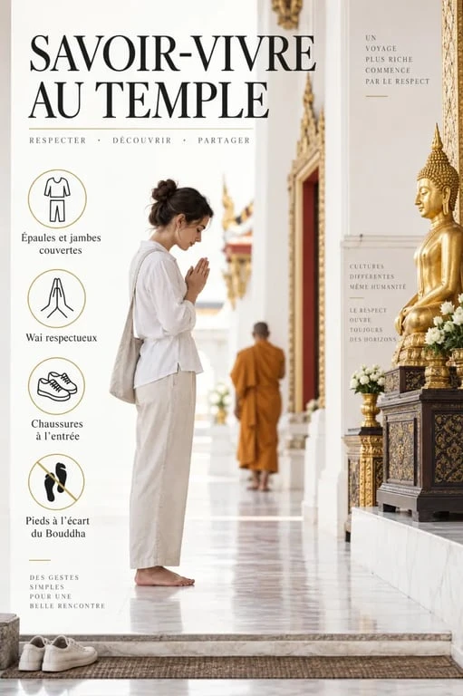 Illustration des règles de savoir-vivre dans un temple de la culture thaïlandaise