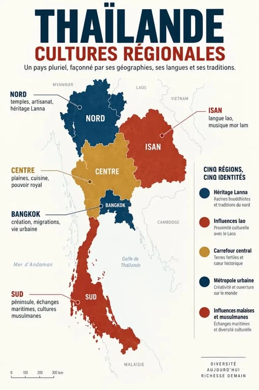Infographie sur la diversité régionale de la culture thaïlandaise du Nord au Sud