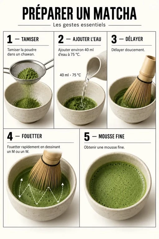 Étapes de préparation avec un fouet pour thé matcha en bambou