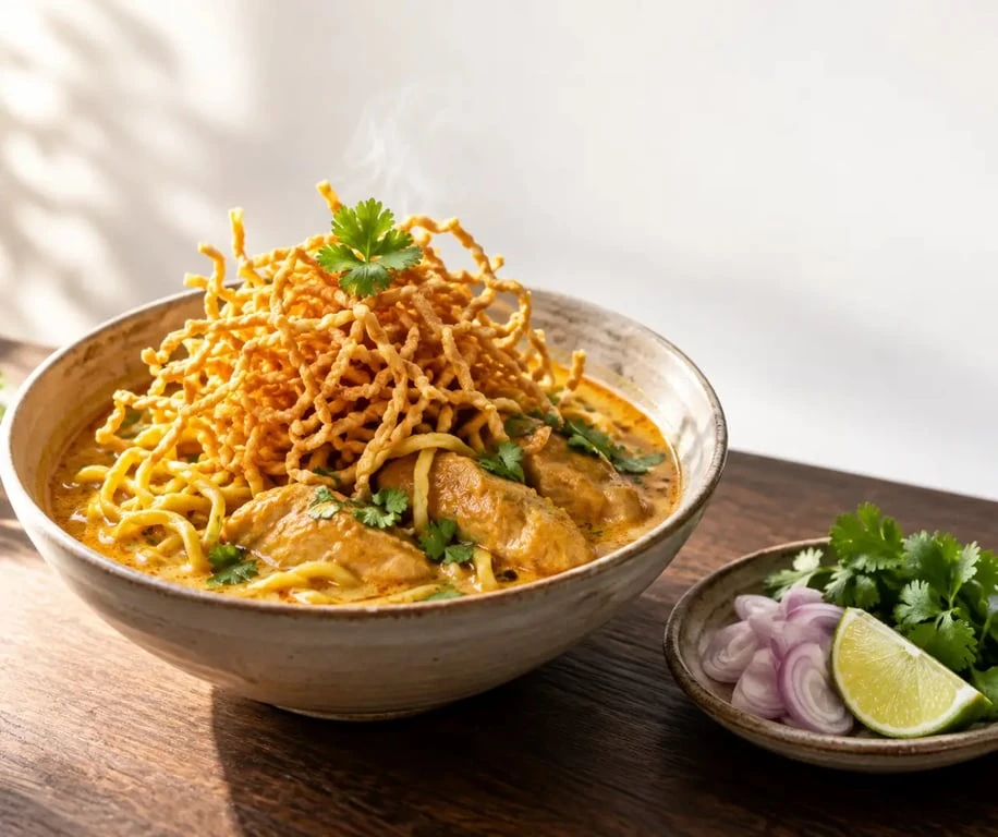 Bol de thai khao soi au poulet avec nouilles frites et curry de coco