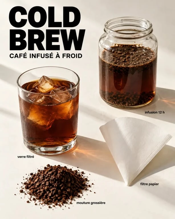 Infusion à froid du café de spécialité servie sur glaçons après filtration