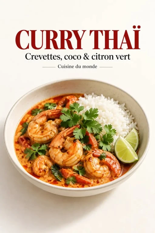 Crevettes à la thaï au curry rouge et lait de coco servies avec du riz jasmin