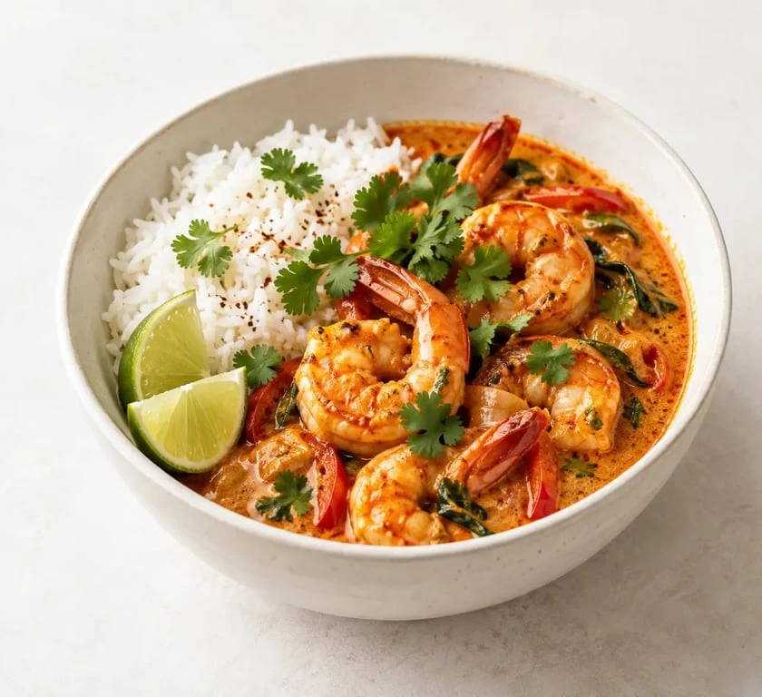 Recette de crevettes thaïlandaises au curry rouge et lait de coco avec riz jasmin