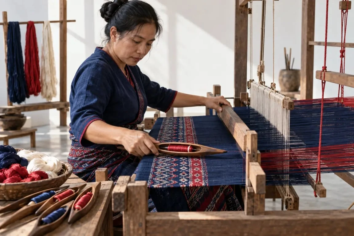Artisan tissant de la soie dans un atelier d’artisanat thai