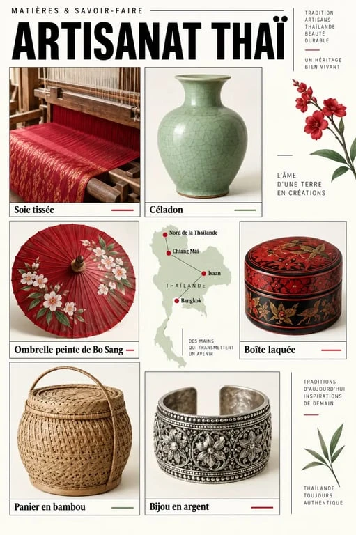 Infographie sur l’artisanat thai, ses objets emblématiques, matériaux et régions de production
