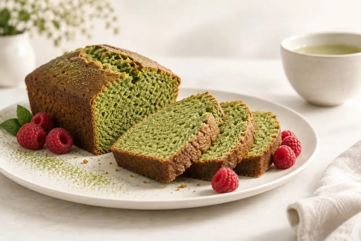 Cake au thé matcha moelleux tranché avec sa mie verte et des framboises fraîches