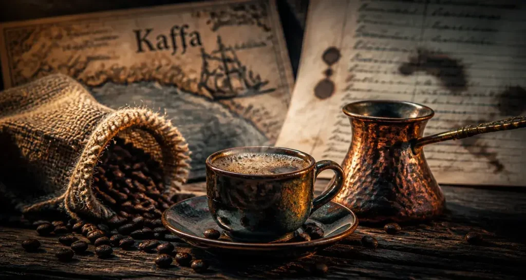 Histoire du café : tasse fumante, grains et carte Kaffa sur table