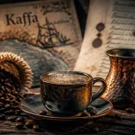 Histoire du café : tasse fumante, grains et carte Kaffa sur table