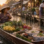 Marché flottant Bangkok : barque sur le canal et étals flottants