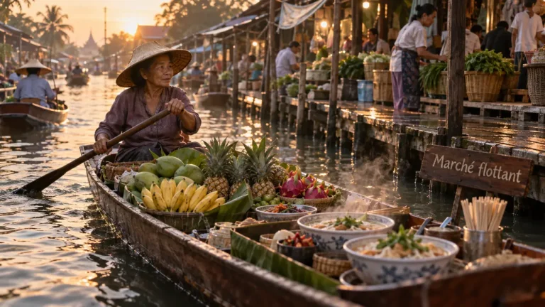 Marché flottant Bangkok : barque sur le canal et étals flottants
