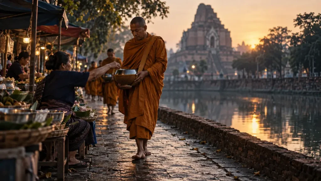 Que faire a Chiang Mai : moine safran près du marché du matin, centre de Chiang Mai