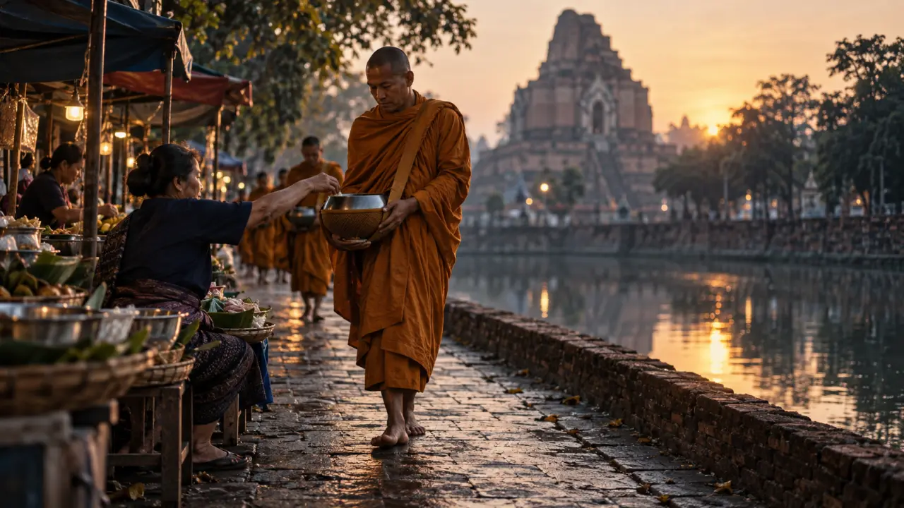 Que faire a Chiang Mai : moine safran près du marché du matin, centre de Chiang Mai