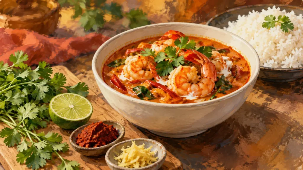 Recettes crevettes thailandaises au curry rouge et lait de coco, prêtes en 30 minutes