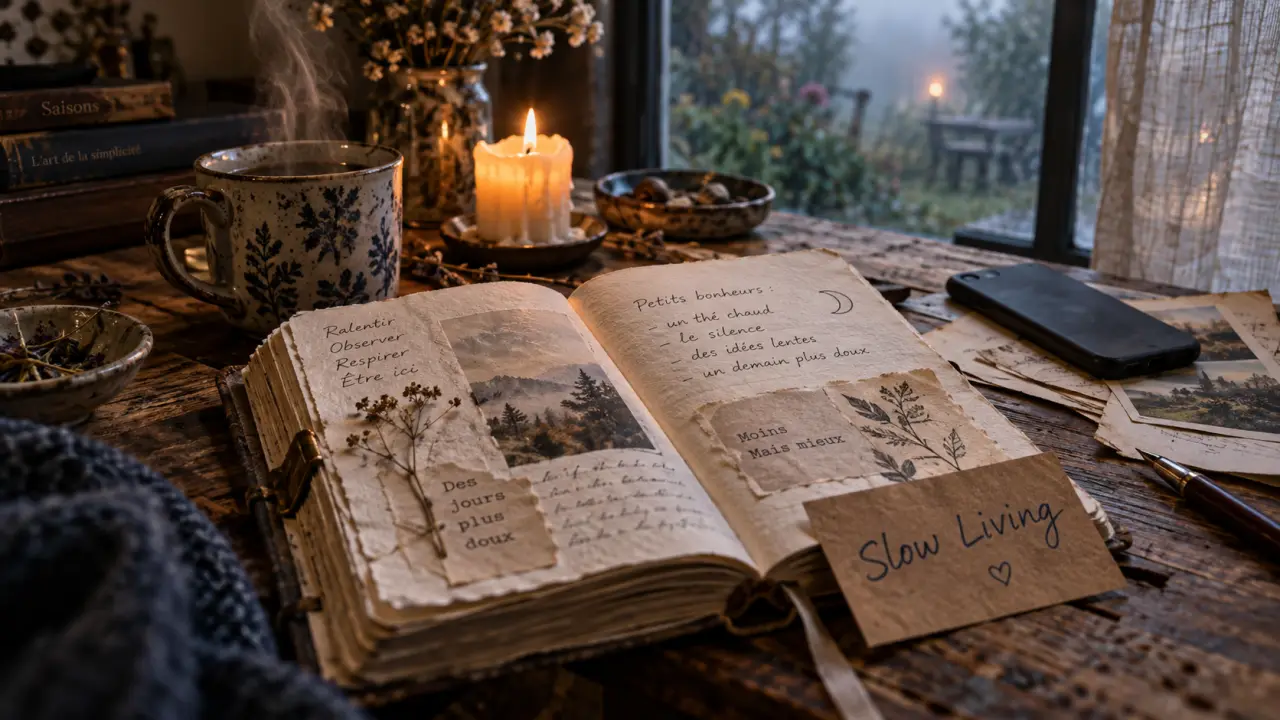 Slow lifestyle : carnet, tasse fumante, temps choisi