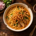 Thai khao soi au poulet, curry coco crème et nouilles