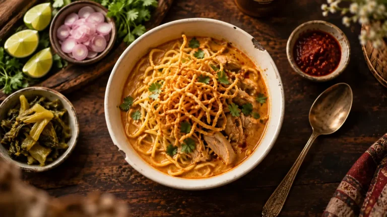 Thai khao soi au poulet, curry coco crème et nouilles