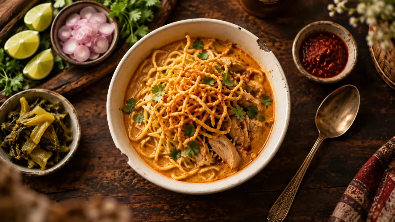 Thai khao soi au poulet, curry coco crème et nouilles