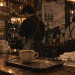 1st shop of coffee prince : café de Séoul, panneau Coffee Prince, tasses et serveurs