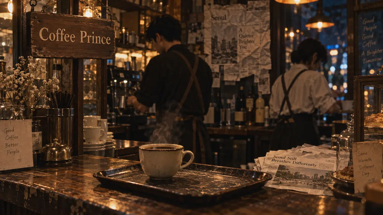 1st shop of coffee prince : café de Séoul, panneau Coffee Prince, tasses et serveurs