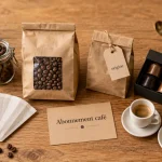 Abonnement café : sélection de grains sur table en bois