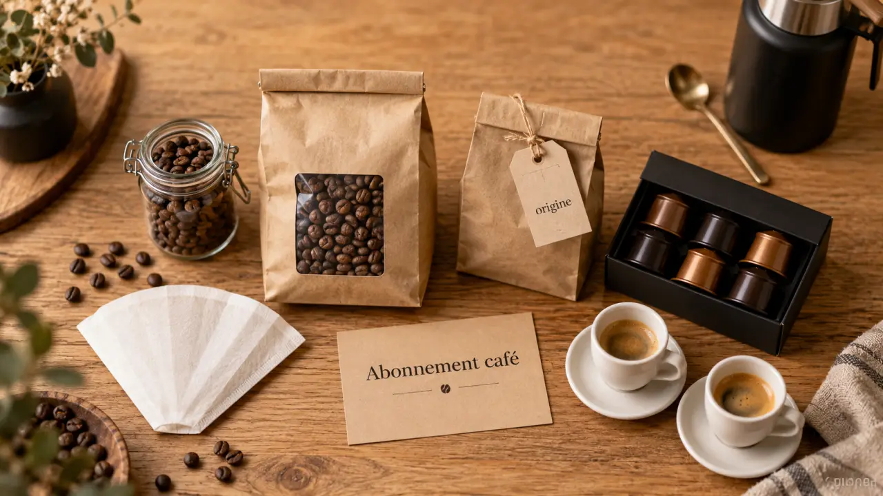 Abonnement café : sélection de grains sur table en bois