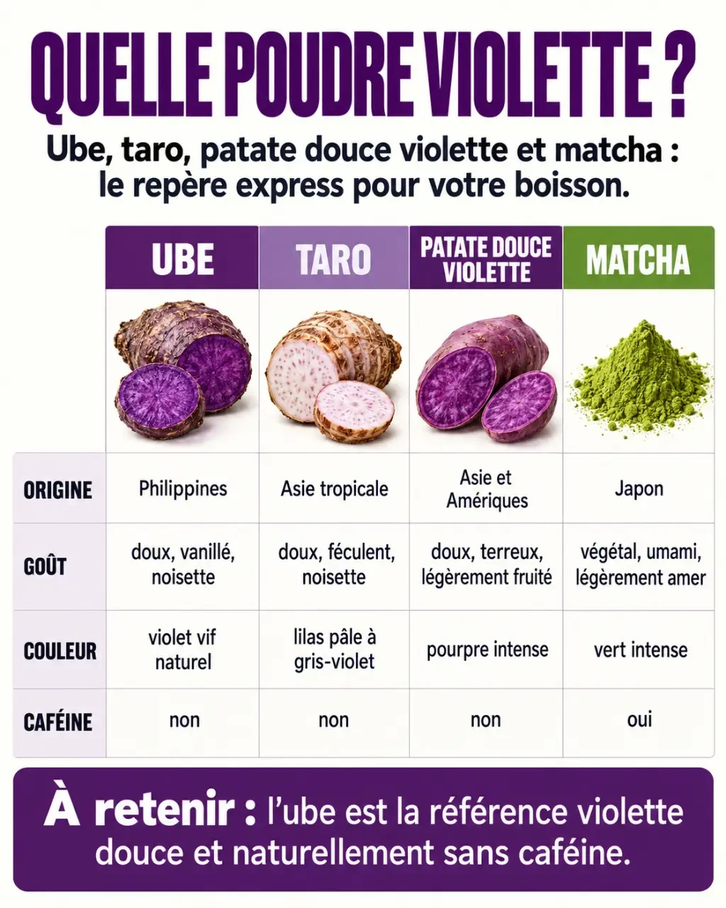 Comparatif des poudres pour une poudre violette boisson : ube, taro, patate douce violette et matcha