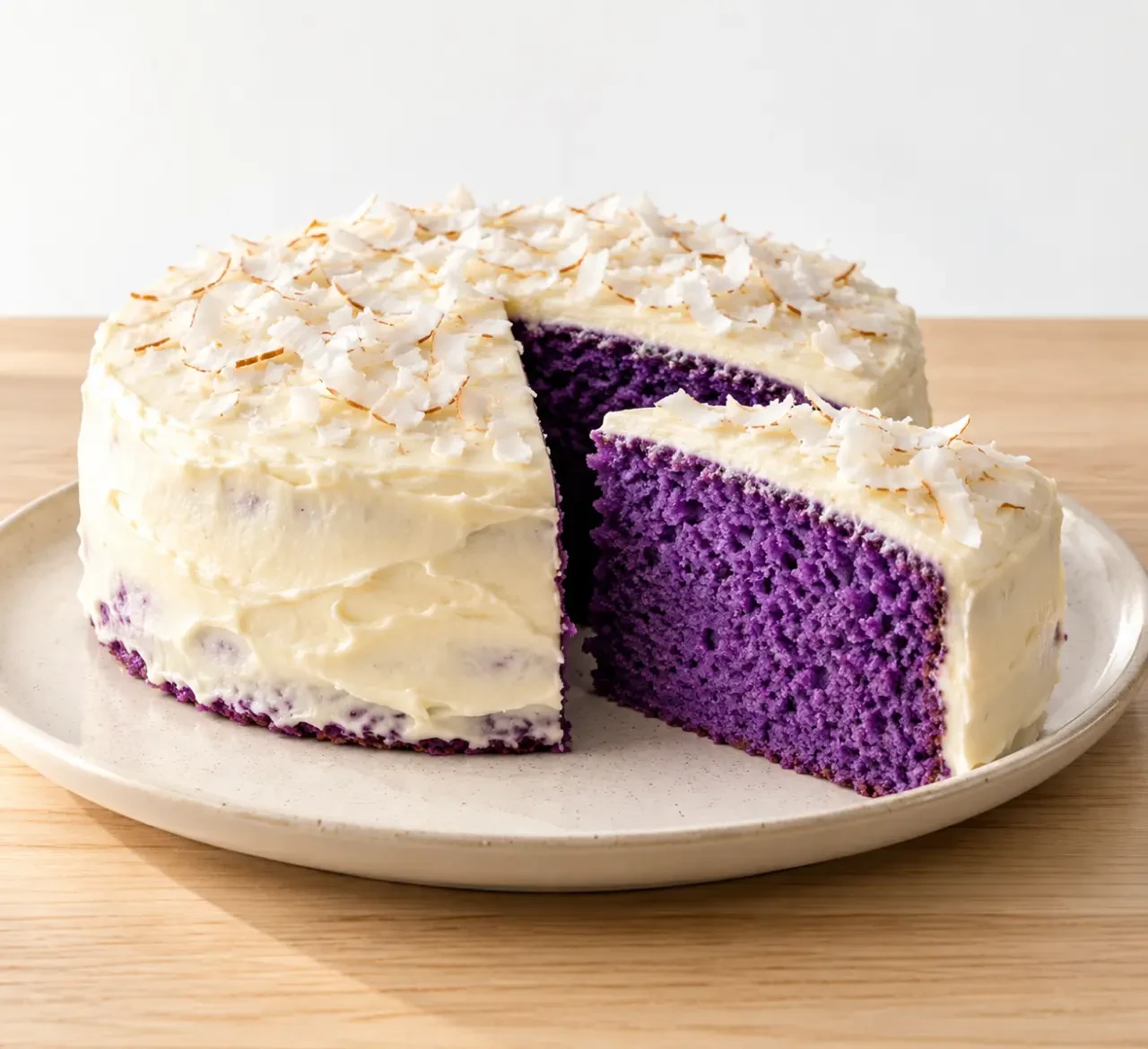 Gateau ube violet moelleux avec glaçage au fromage à la crème et copeaux de noix de coco