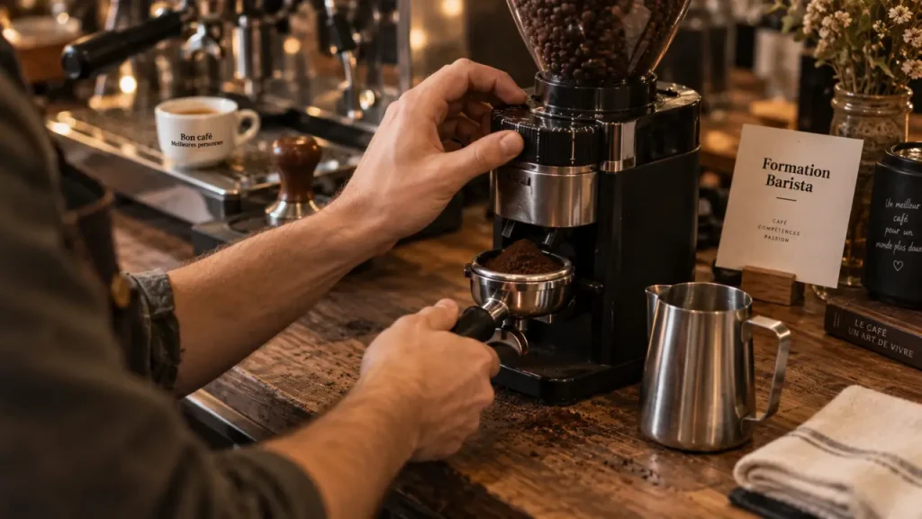 Formation barista : mains réglant le moulin, espresso et service lait