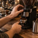 Formation barista : mains réglant le moulin, espresso et service lait