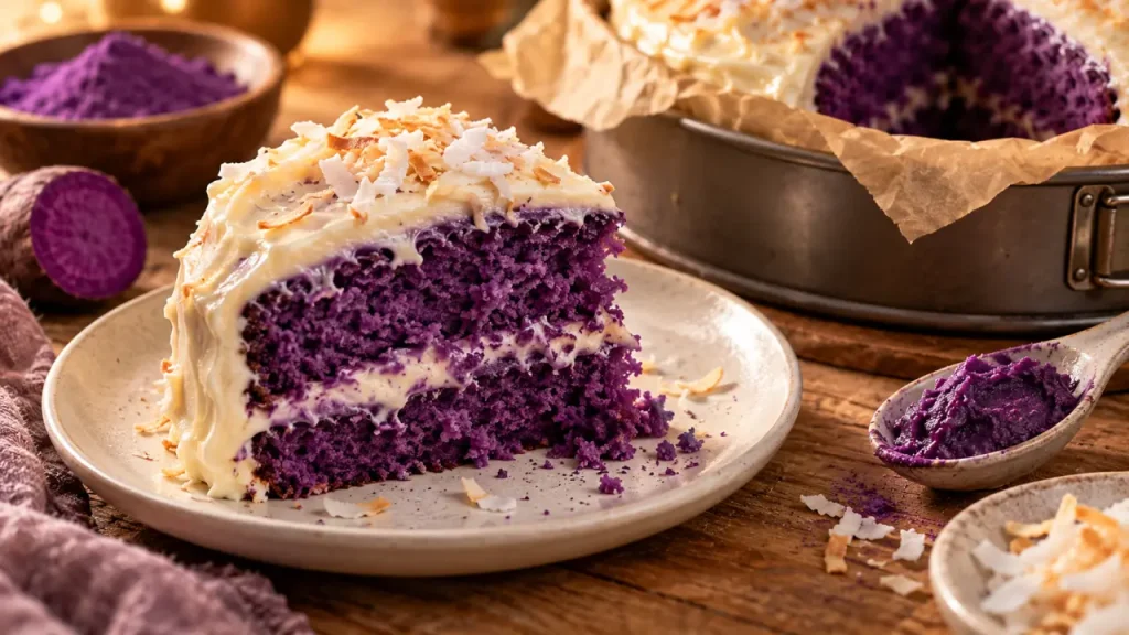 Tranche de gateau ube violet moelleux, glaçage au fromage à la crème