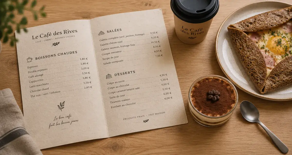 Menu menu coffee shop avec crêpe et tiramisu, repas à 18 € en moyenne
