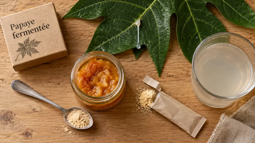 Papaye fermentée en pot, cuillère de poudre et verre d’eau
