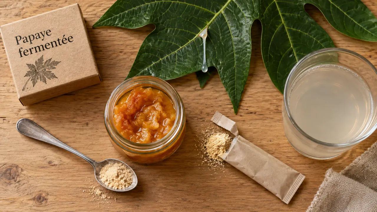 Papaye fermentée en pot, cuillère de poudre et verre d’eau