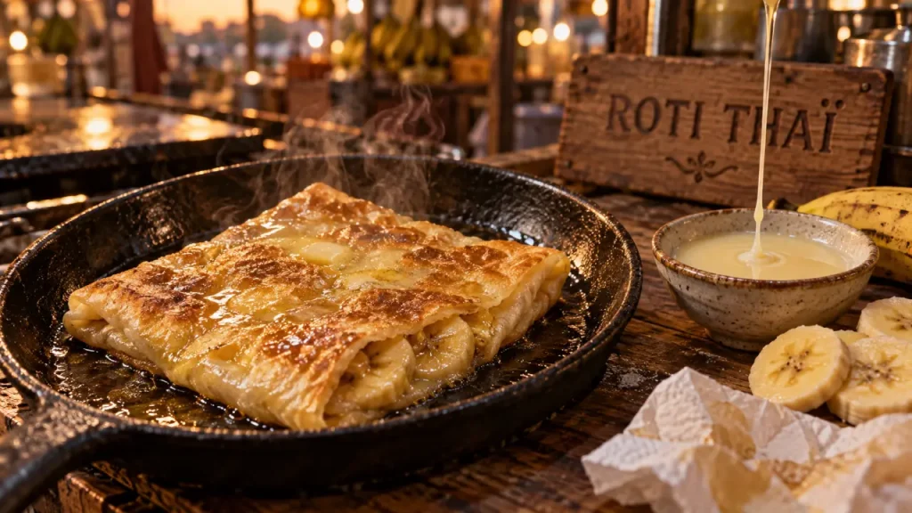 Roti thailand banane croustillant, pâte fine dorée à la poêle